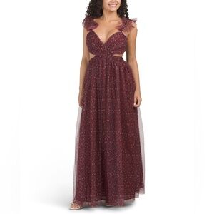 AMY JANE LONDON DAHLIA MAXI DRESS BURGUNDY FLORAL CUT OUT MESH OVERLAY NWT